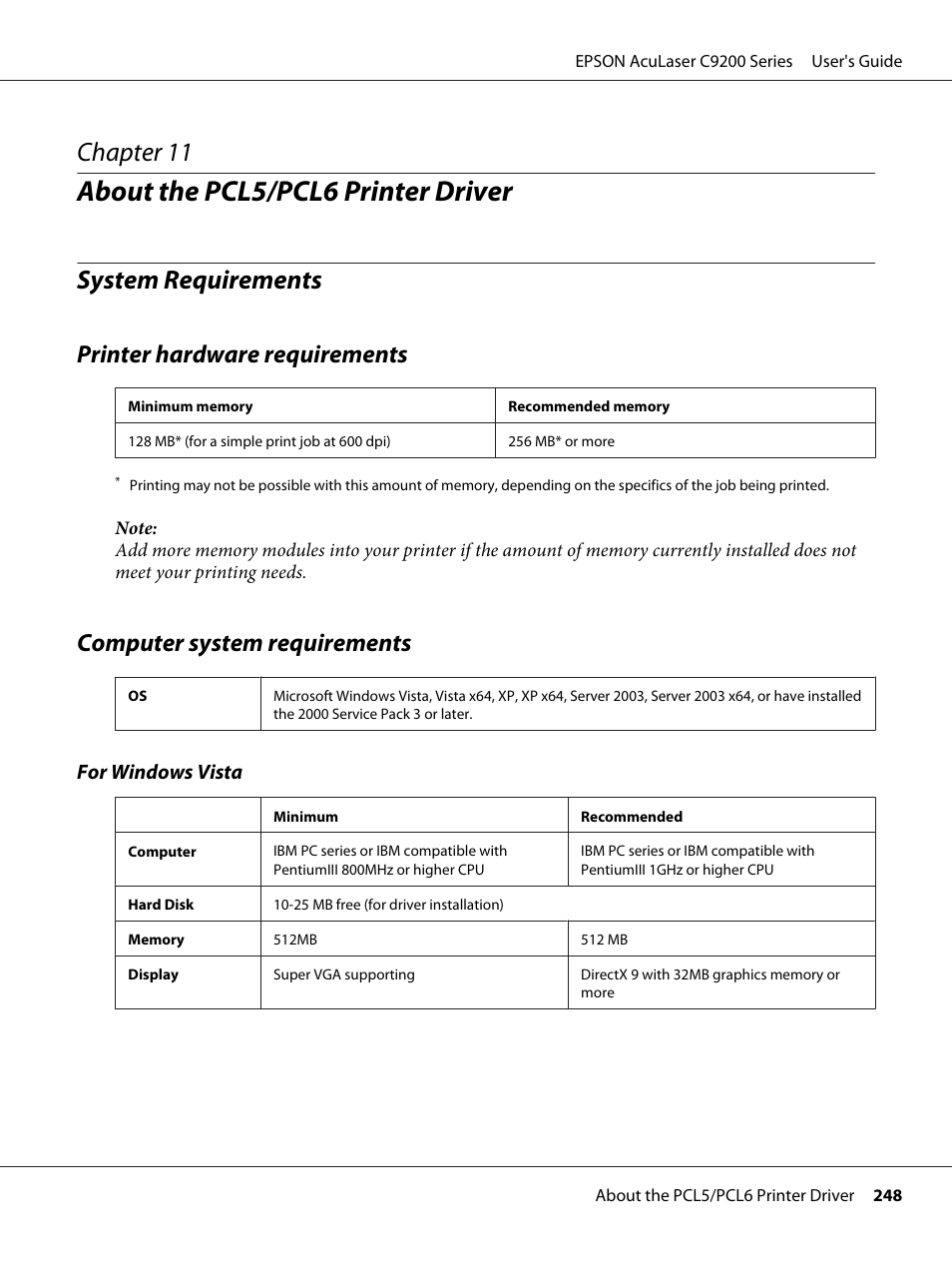 About the pcl5/pcl6 printer driver, System requirements, Printer hardware requirements | Computer system requirements, Chapter 11 about the pcl5/pcl6 printer driver, Chapter 11 | Epson AcuLaser C9200 Series User Manual | Page 248 / 271