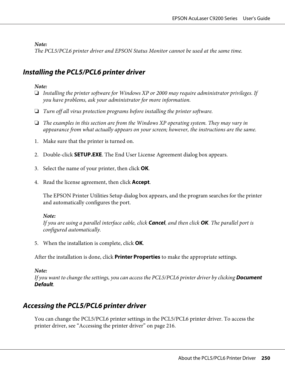 Installing the pcl5/pcl6 printer driver, Accessing the pcl5/pcl6 printer driver | Epson AcuLaser C9200 Series User Manual | Page 250 / 271