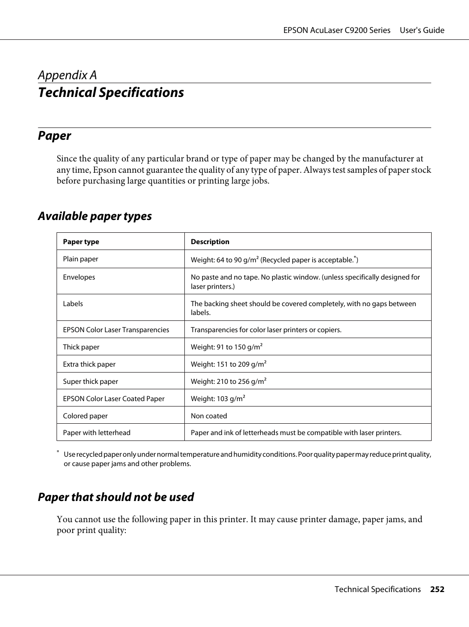 Technical specifications, Paper, Available paper types | Paper that should not be used, Appendix a technical specifications, Appendix a | Epson AcuLaser C9200 Series User Manual | Page 252 / 271