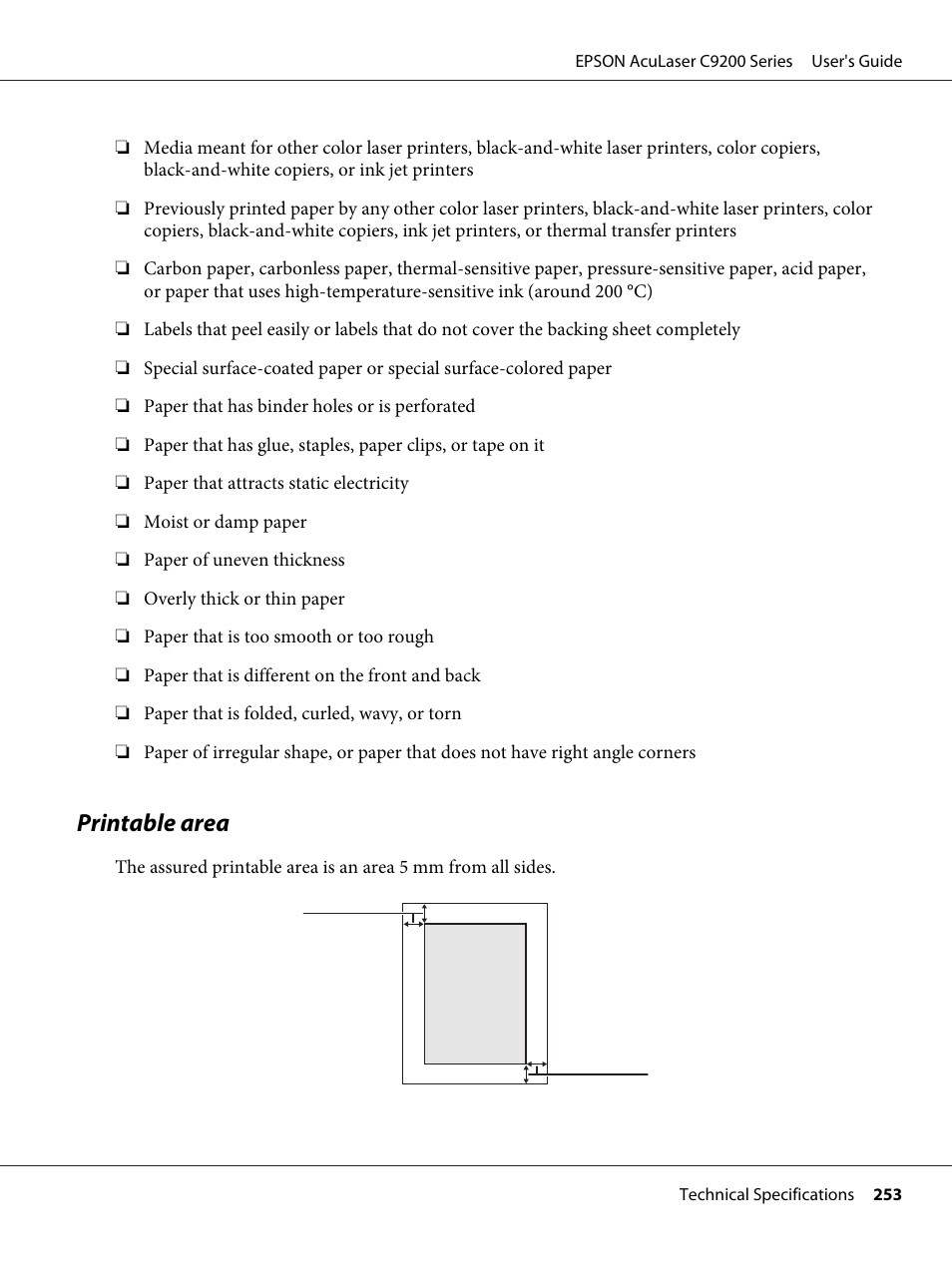 Printable area | Epson AcuLaser C9200 Series User Manual | Page 253 / 271