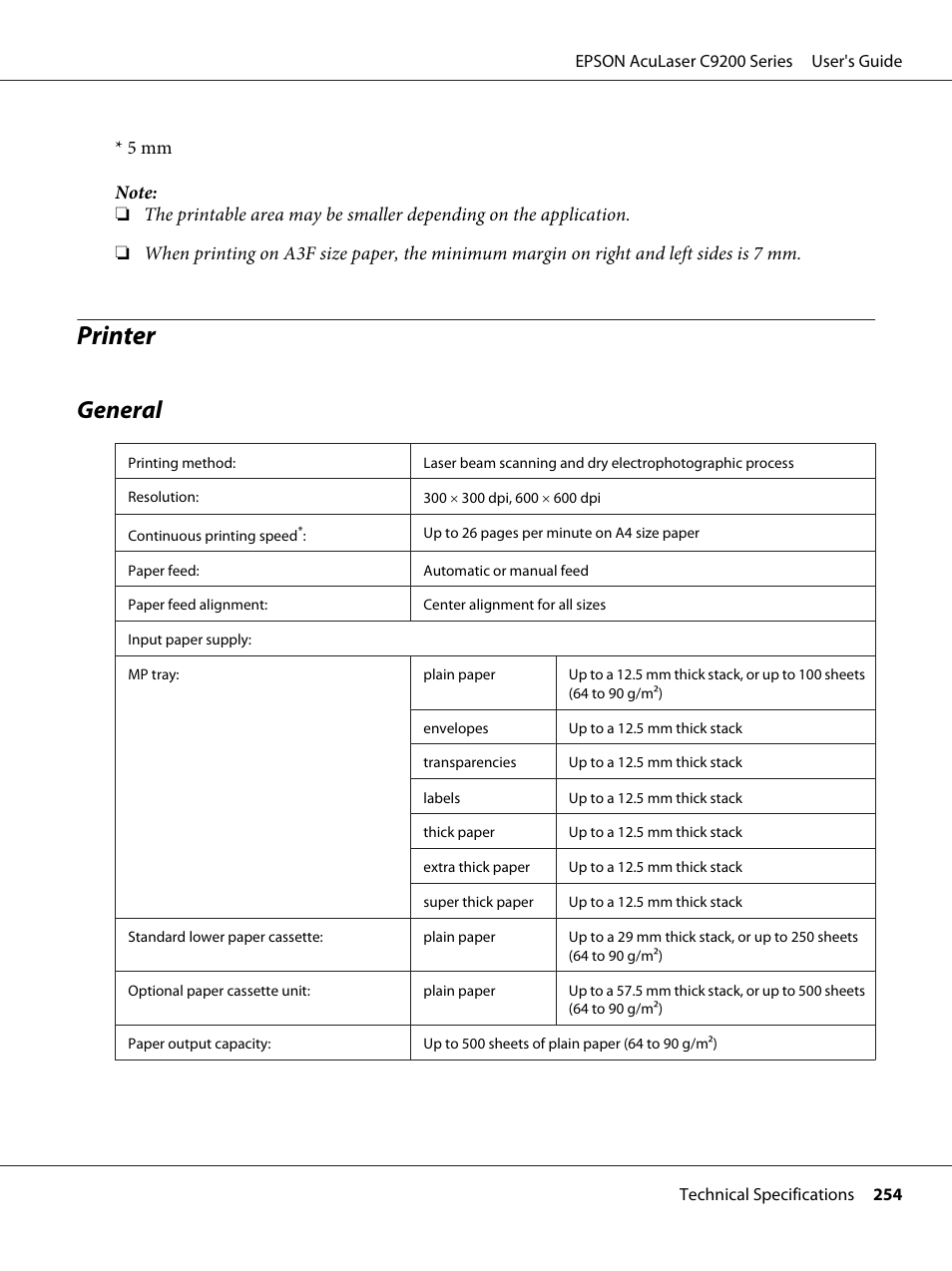 Printer, General | Epson AcuLaser C9200 Series User Manual | Page 254 / 271