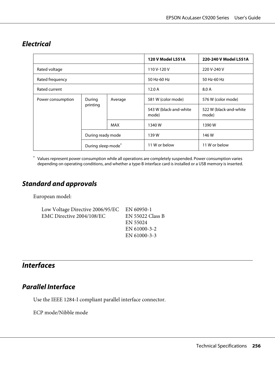 Electrical, Standard and approvals, Interfaces | Parallel interface, Electrical standard and approvals | Epson AcuLaser C9200 Series User Manual | Page 256 / 271