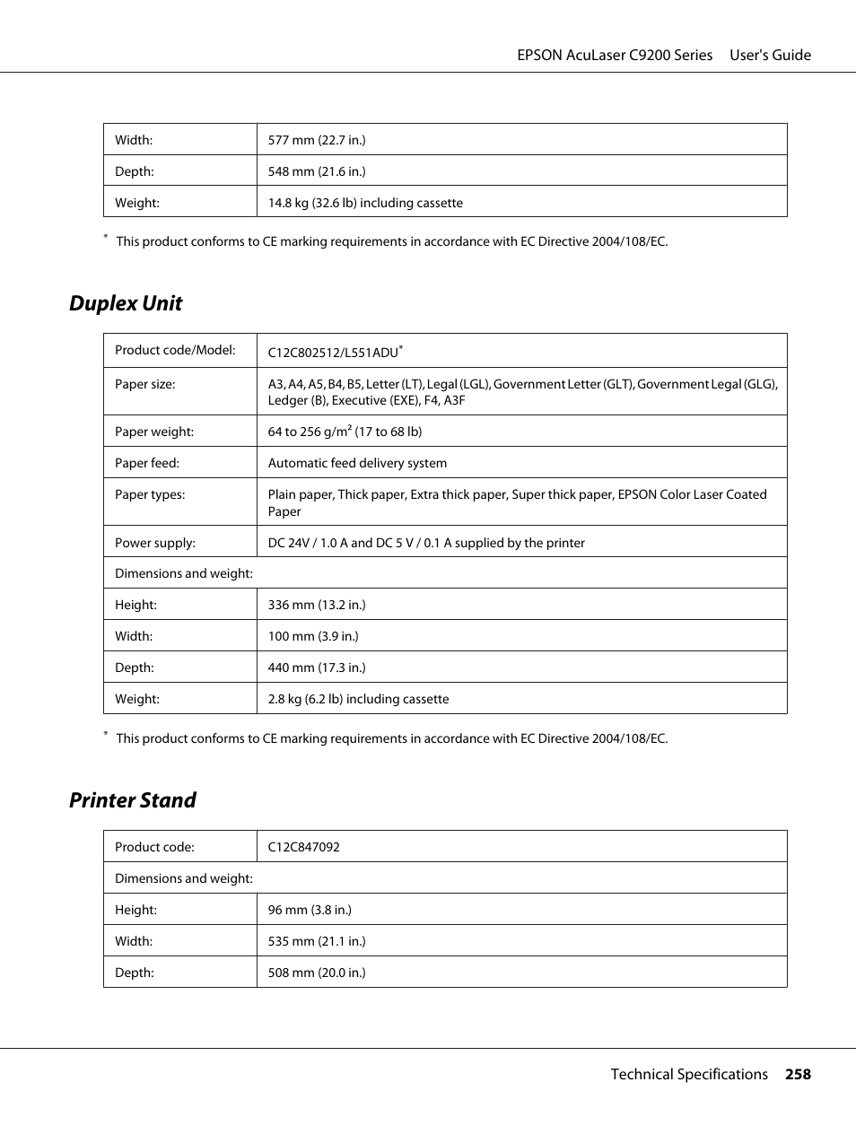 Duplex unit, Printer stand, Duplex unit printer stand | Epson AcuLaser C9200 Series User Manual | Page 258 / 271