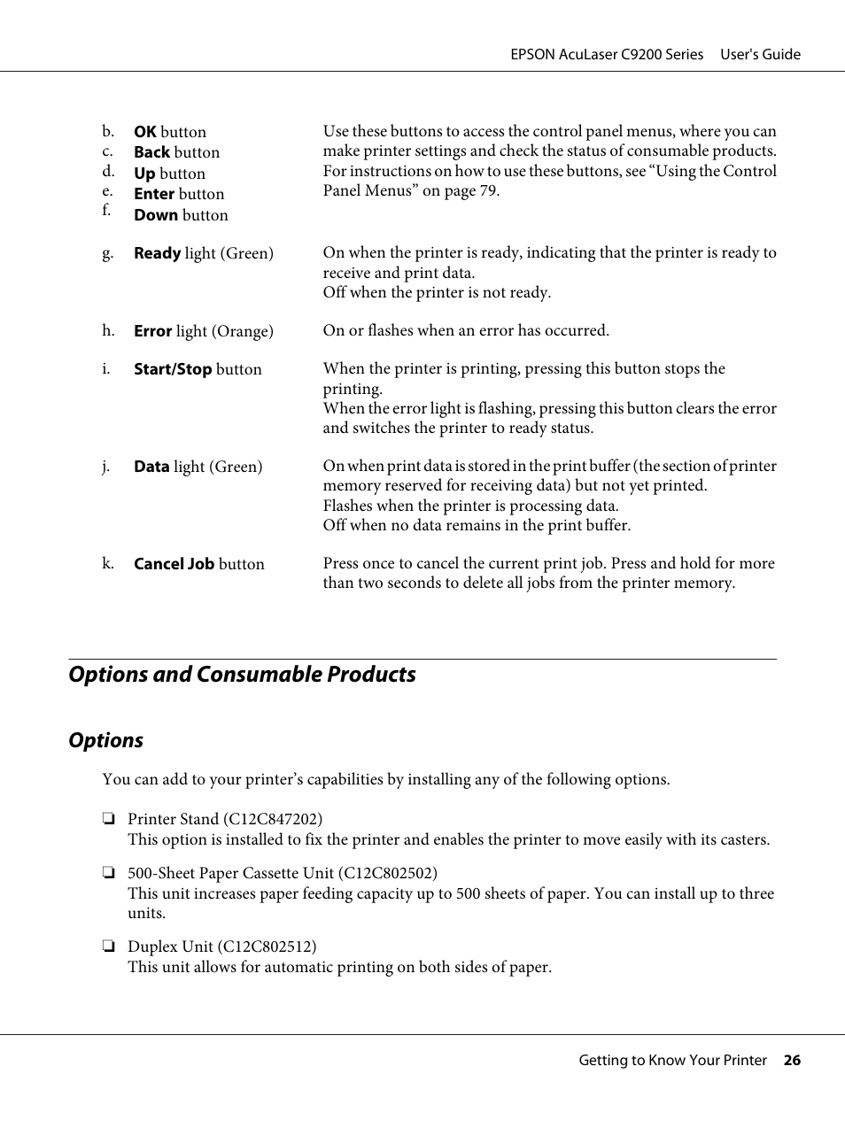 Options and consumable products, Options | Epson AcuLaser C9200 Series User Manual | Page 26 / 271