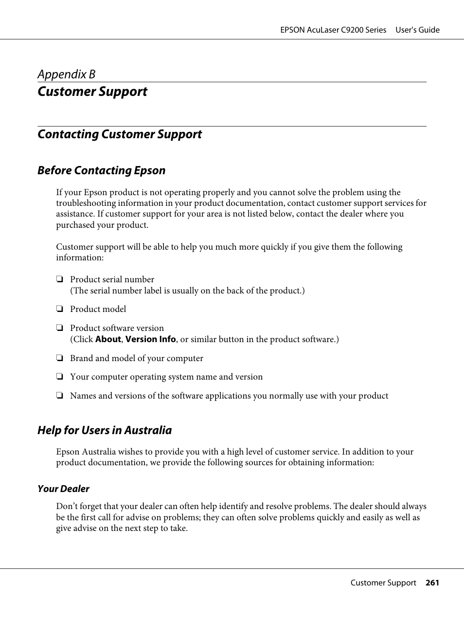 Customer support, Contacting customer support, Before contacting epson | Help for users in australia, Appendix b customer support, Appendix b | Epson AcuLaser C9200 Series User Manual | Page 261 / 271