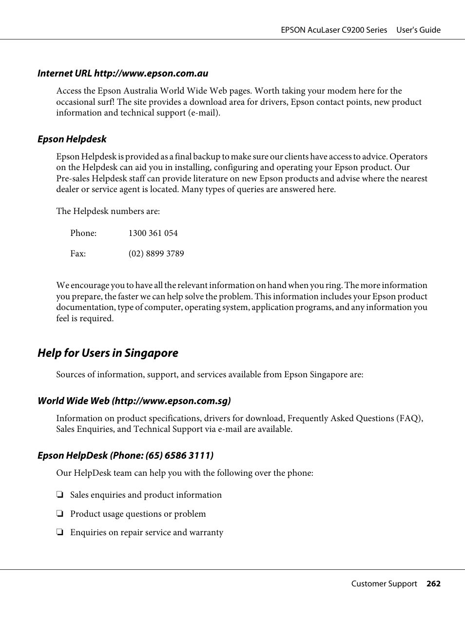 Help for users in singapore | Epson AcuLaser C9200 Series User Manual | Page 262 / 271