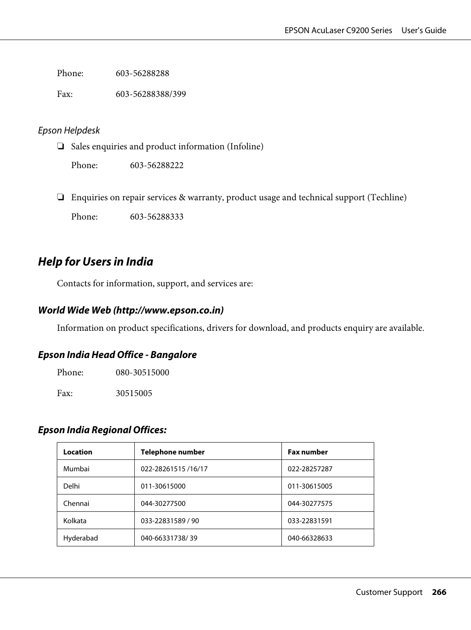 Help for users in india | Epson AcuLaser C9200 Series User Manual | Page 266 / 271