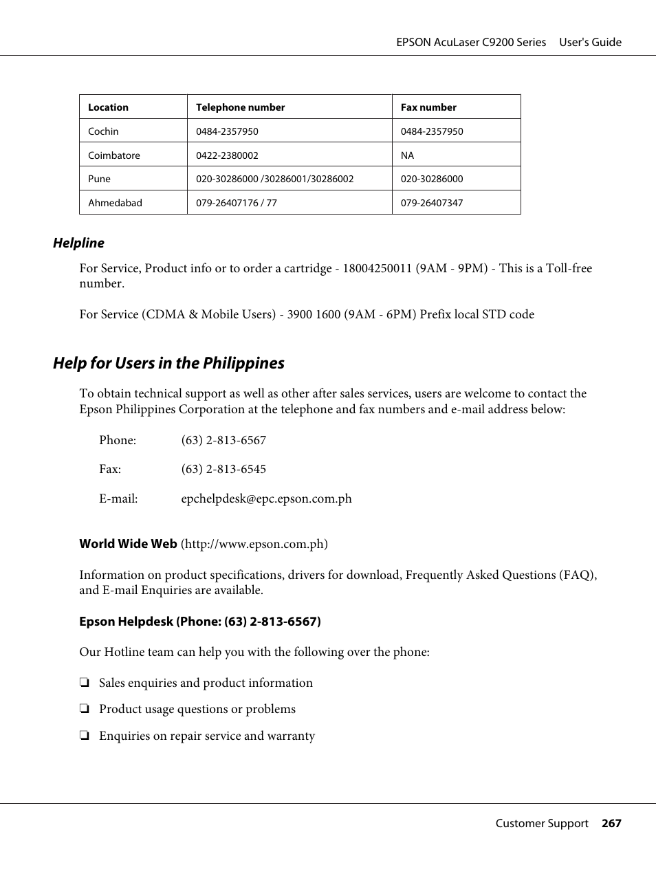 Help for users in the philippines | Epson AcuLaser C9200 Series User Manual | Page 267 / 271