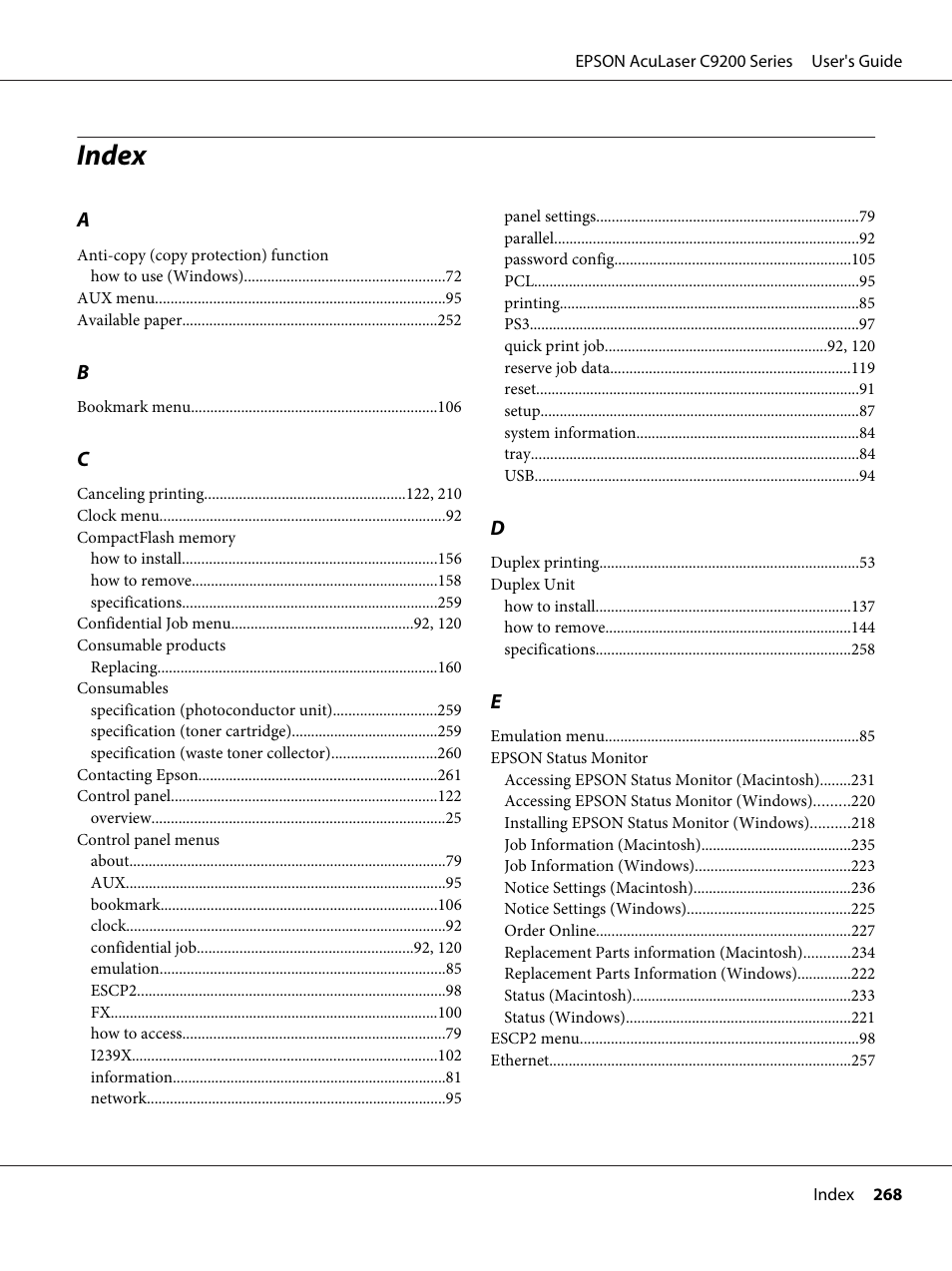 Index | Epson AcuLaser C9200 Series User Manual | Page 268 / 271