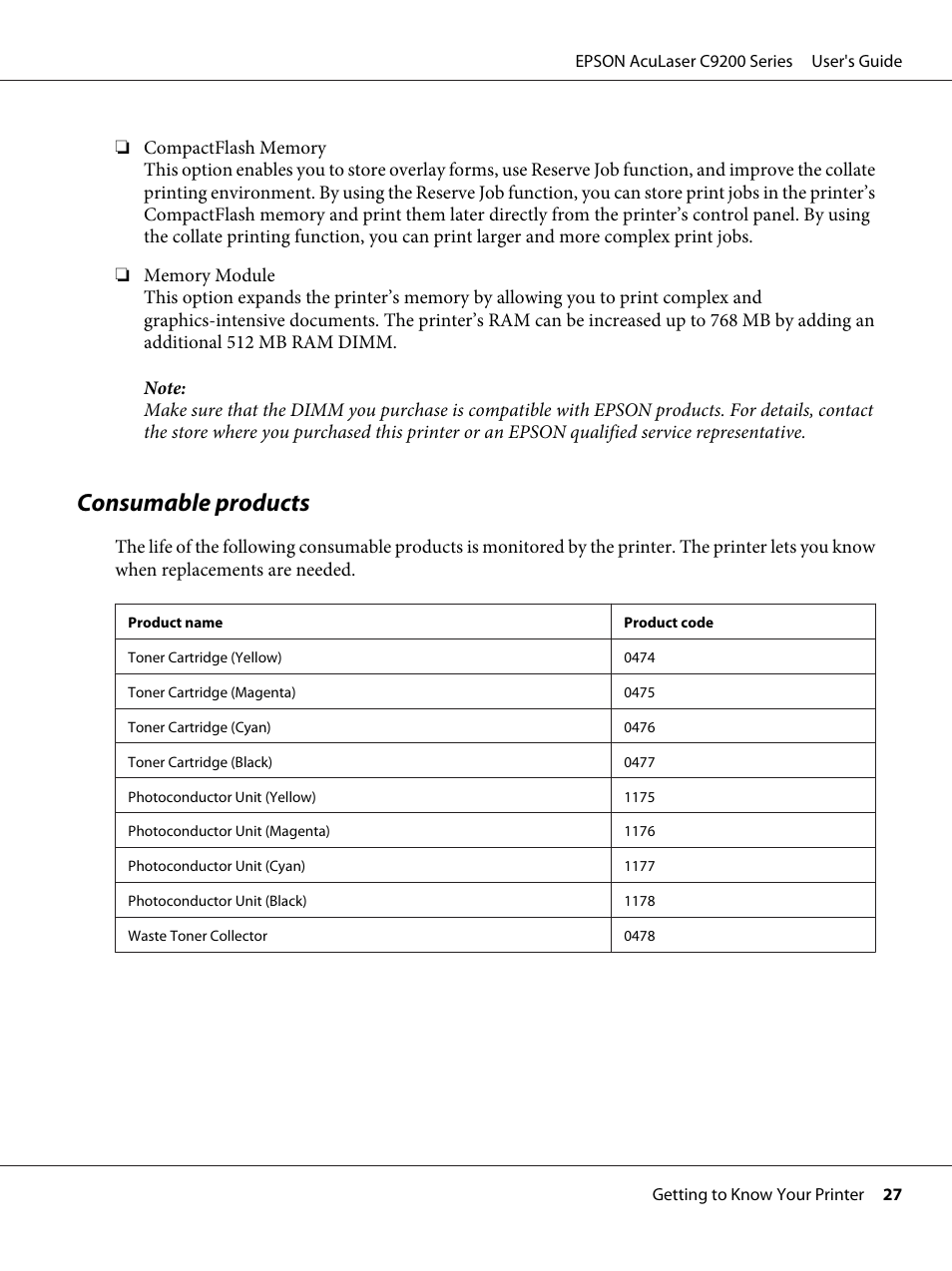 Consumable products | Epson AcuLaser C9200 Series User Manual | Page 27 / 271