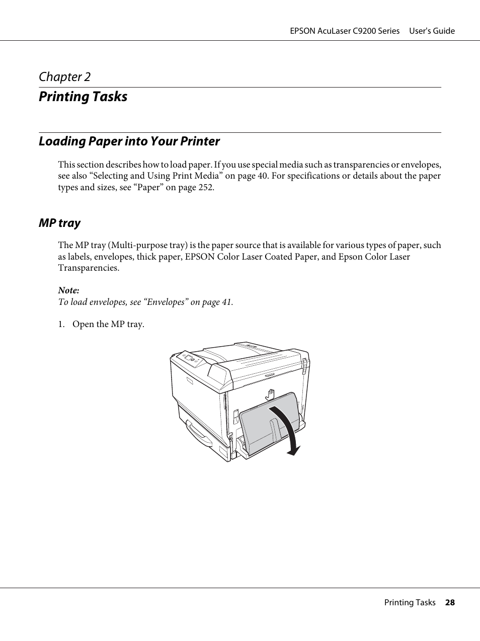 Printing tasks, Loading paper into your printer, Mp tray | Chapter 2 printing tasks, Chapter 2 | Epson AcuLaser C9200 Series User Manual | Page 28 / 271