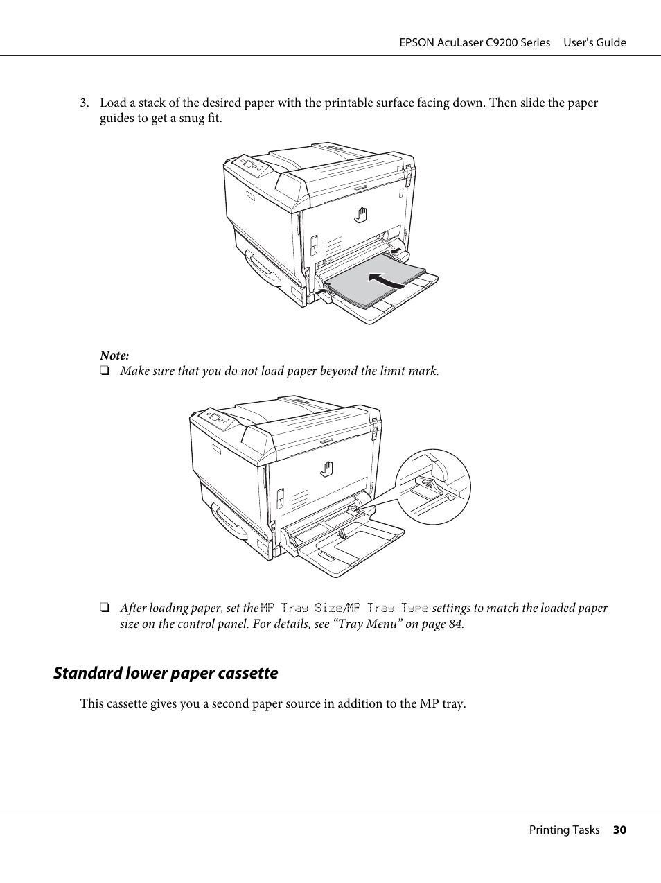 Standard lower paper cassette | Epson AcuLaser C9200 Series User Manual | Page 30 / 271