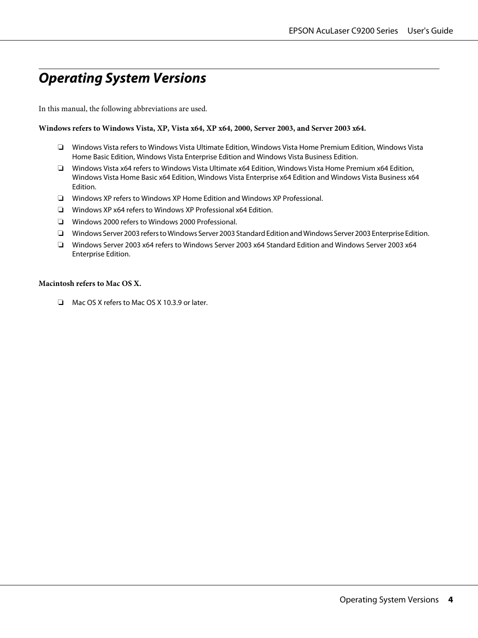 Operating system versions | Epson AcuLaser C9200 Series User Manual | Page 4 / 271