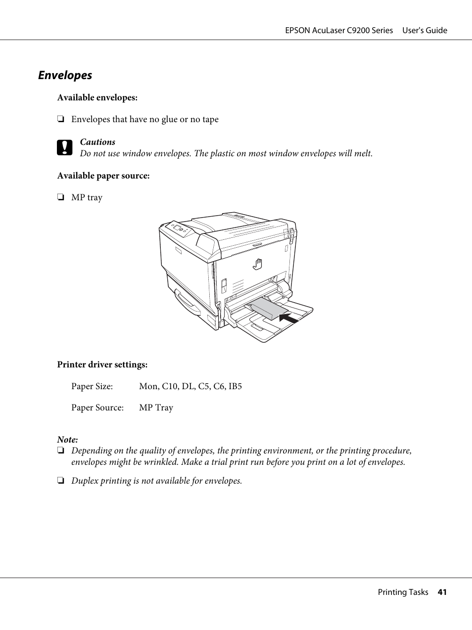 Envelopes | Epson AcuLaser C9200 Series User Manual | Page 41 / 271