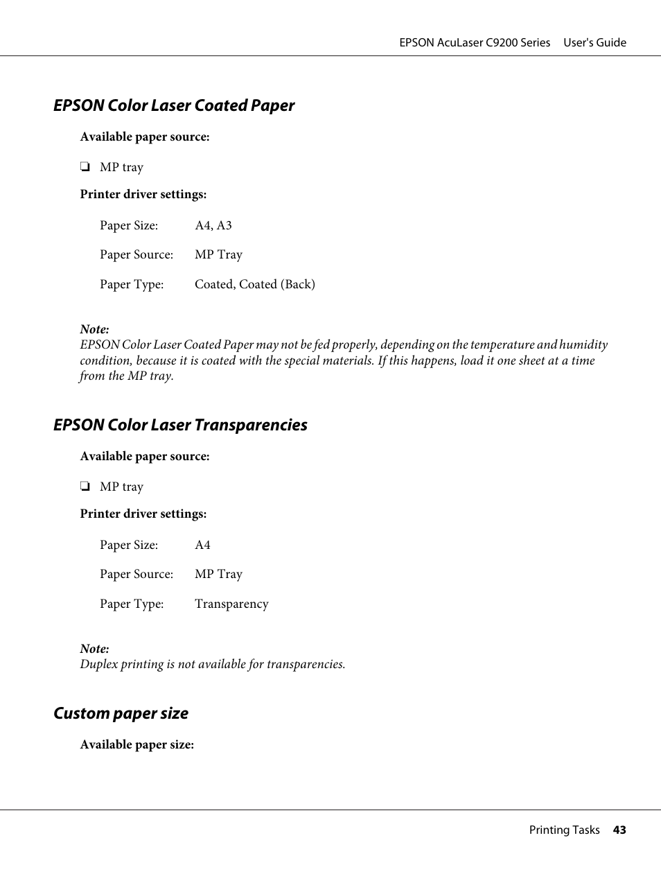Epson color laser coated paper, Epson color laser transparencies, Custom paper size | Epson AcuLaser C9200 Series User Manual | Page 43 / 271