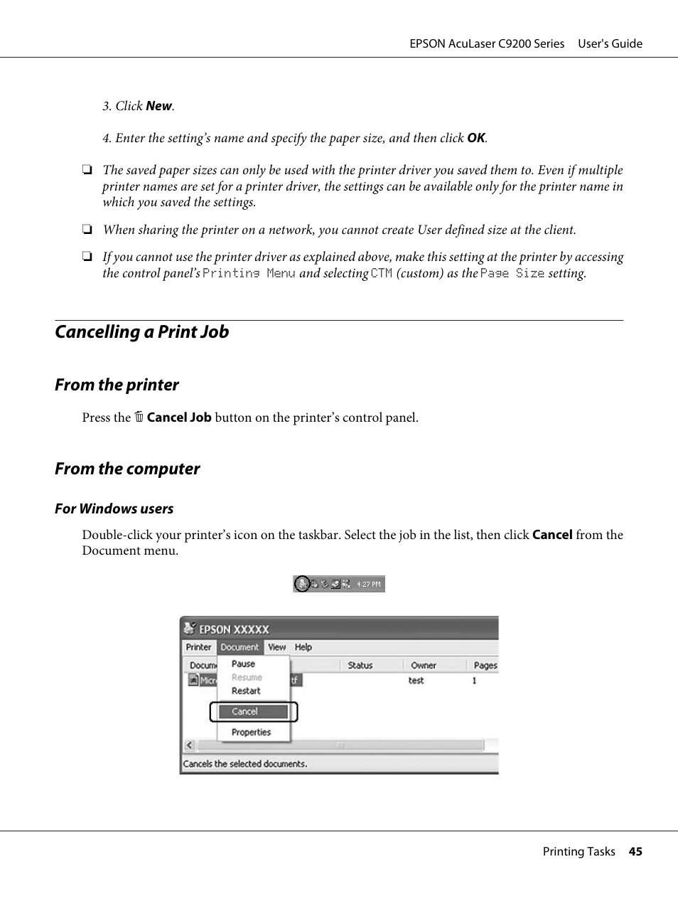 Cancelling a print job, From the printer, From the computer | From the printer from the computer | Epson AcuLaser C9200 Series User Manual | Page 45 / 271