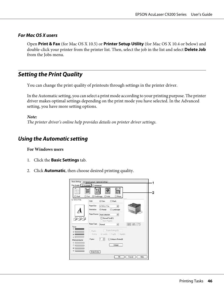 Setting the print quality, Using the automatic setting | Epson AcuLaser C9200 Series User Manual | Page 46 / 271
