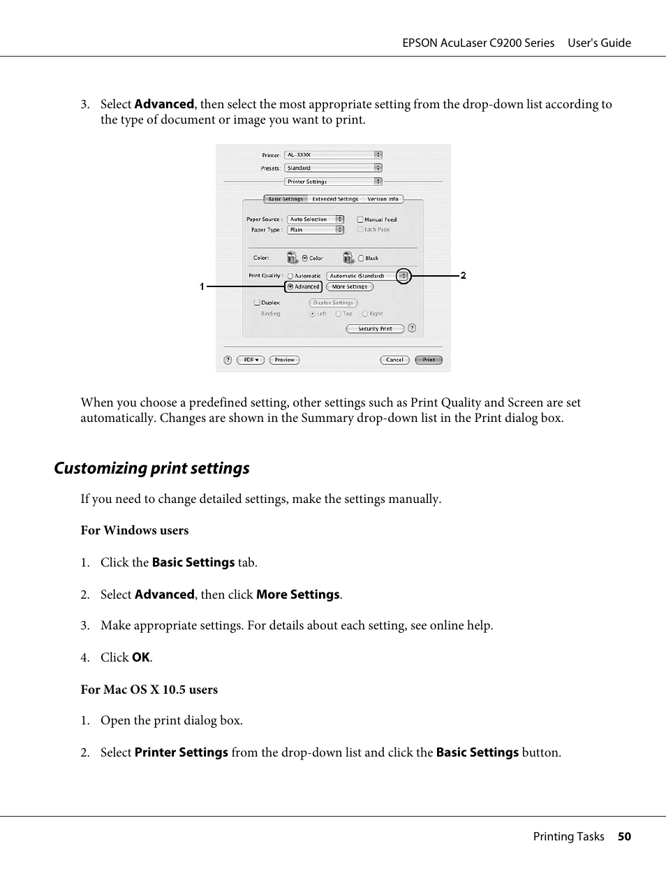 Customizing print settings | Epson AcuLaser C9200 Series User Manual | Page 50 / 271