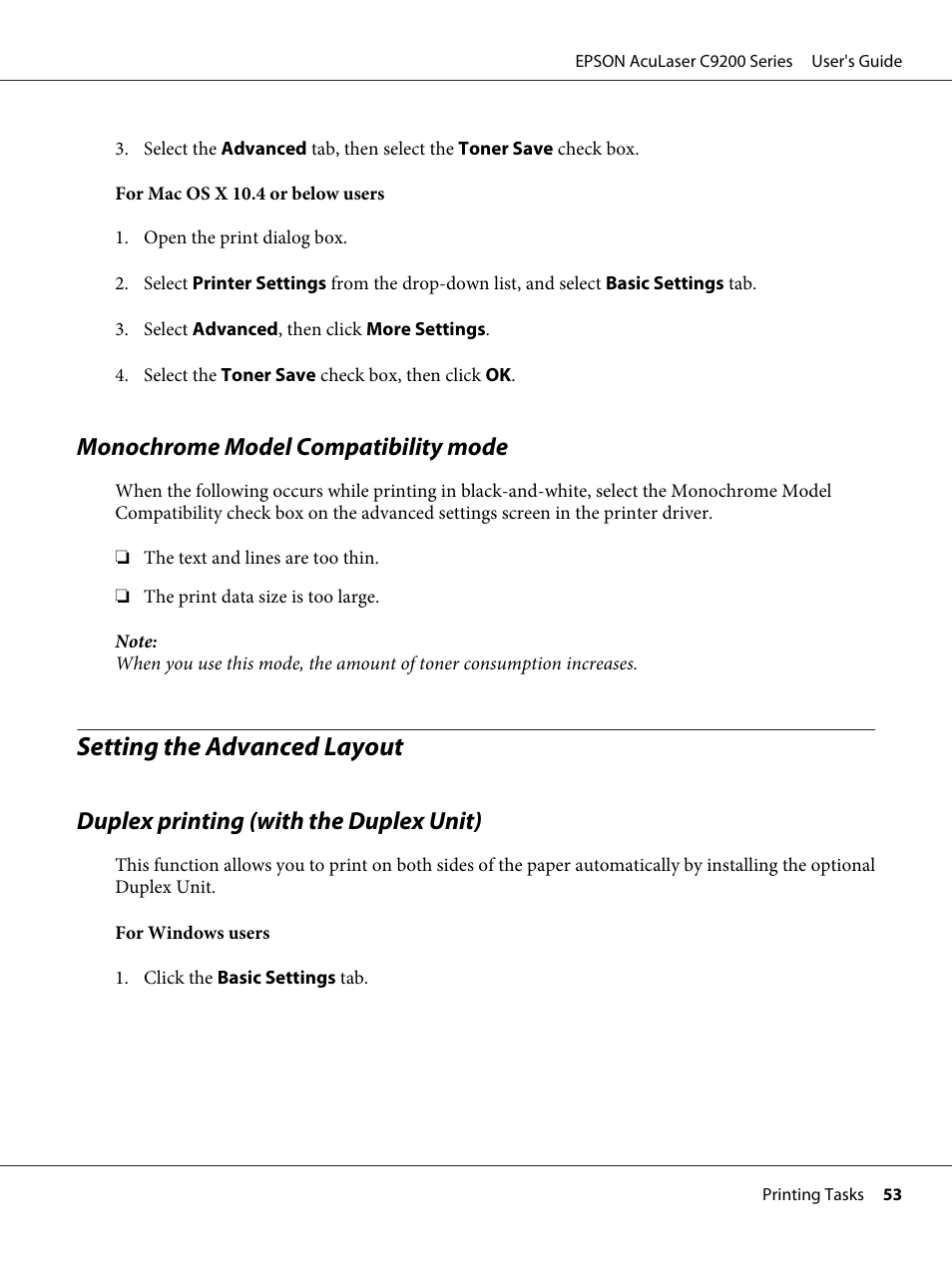 Monochrome model compatibility mode, Setting the advanced layout, Duplex printing (with the duplex unit) | Epson AcuLaser C9200 Series User Manual | Page 53 / 271