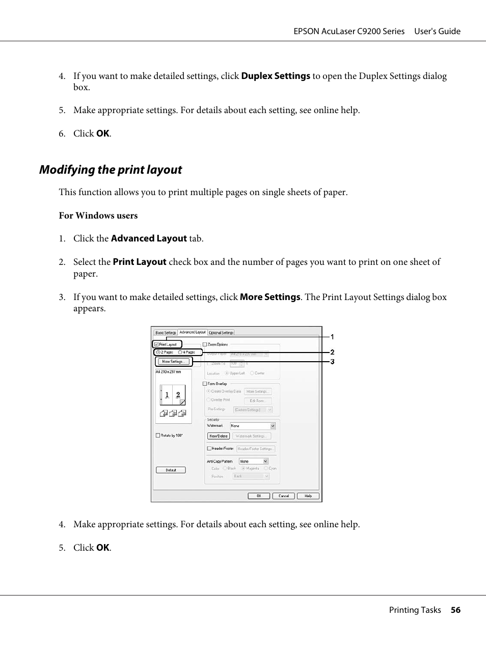 Modifying the print layout | Epson AcuLaser C9200 Series User Manual | Page 56 / 271