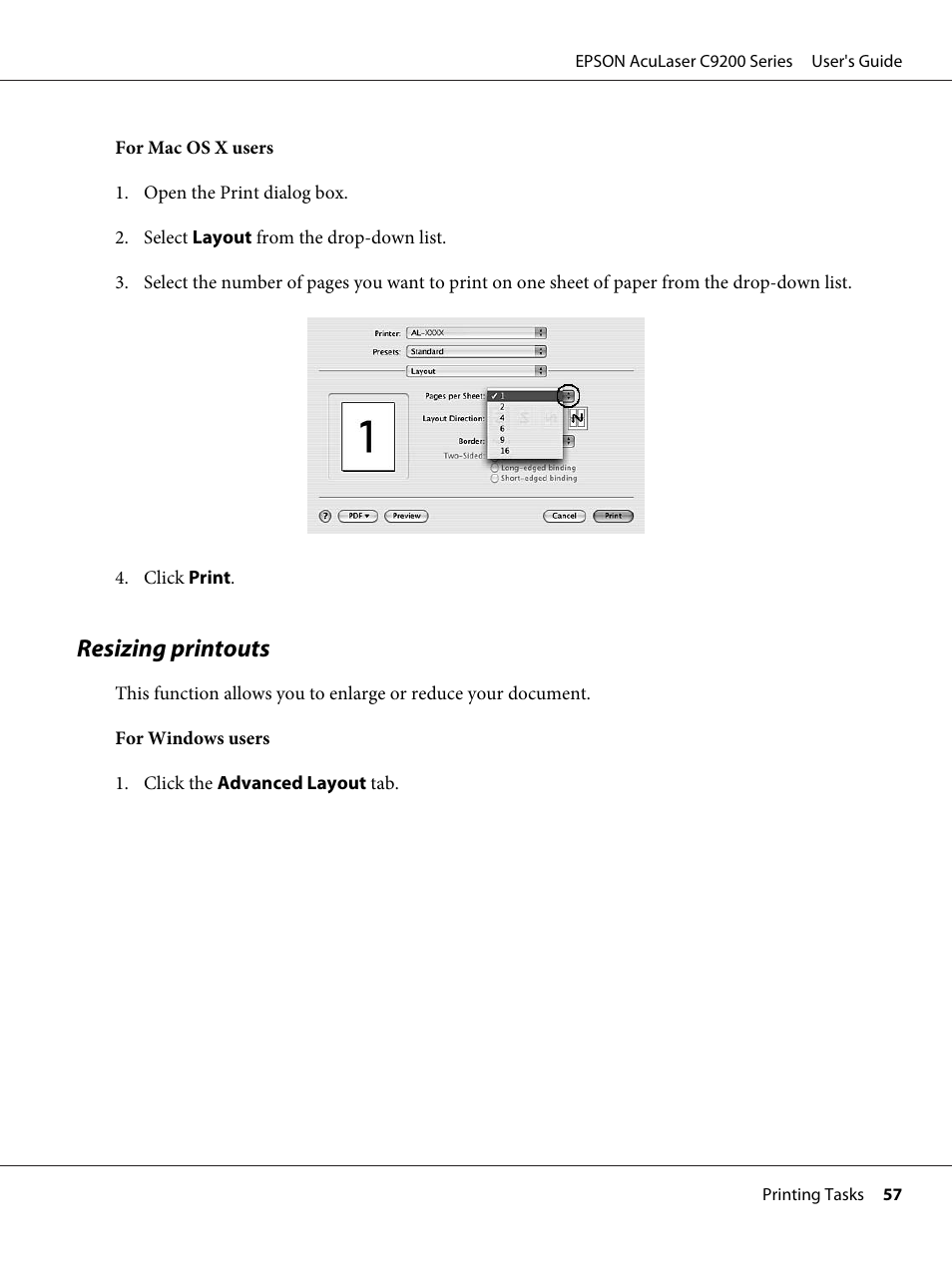 Resizing printouts | Epson AcuLaser C9200 Series User Manual | Page 57 / 271