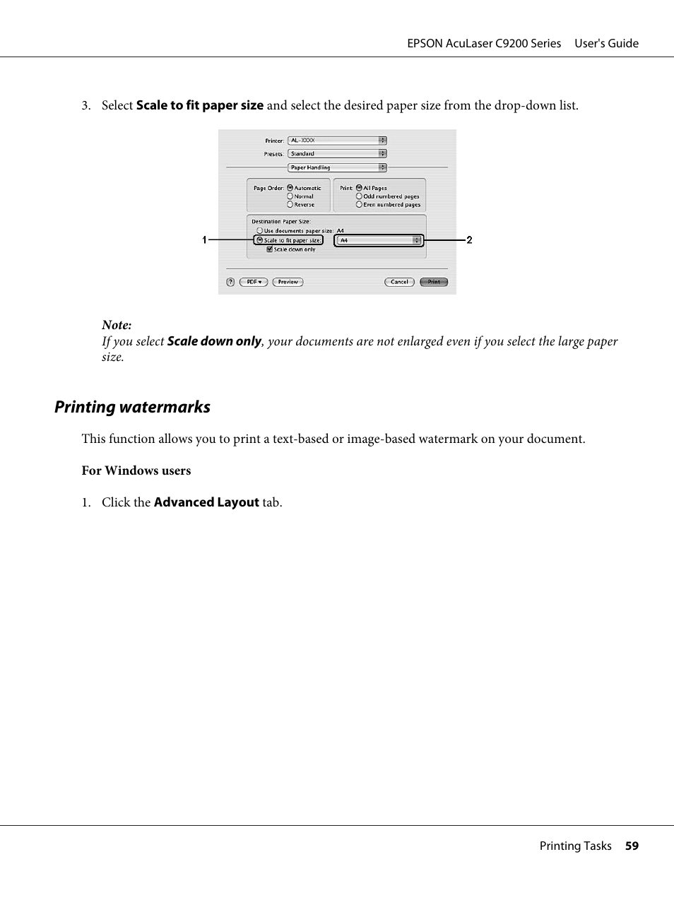 Printing watermarks | Epson AcuLaser C9200 Series User Manual | Page 59 / 271