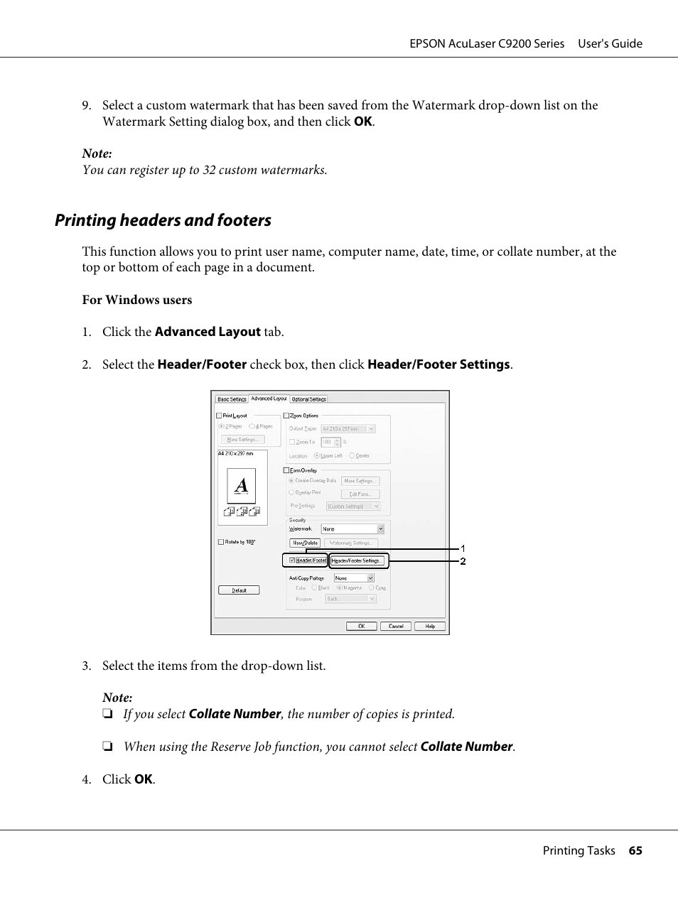 Printing headers and footers | Epson AcuLaser C9200 Series User Manual | Page 65 / 271