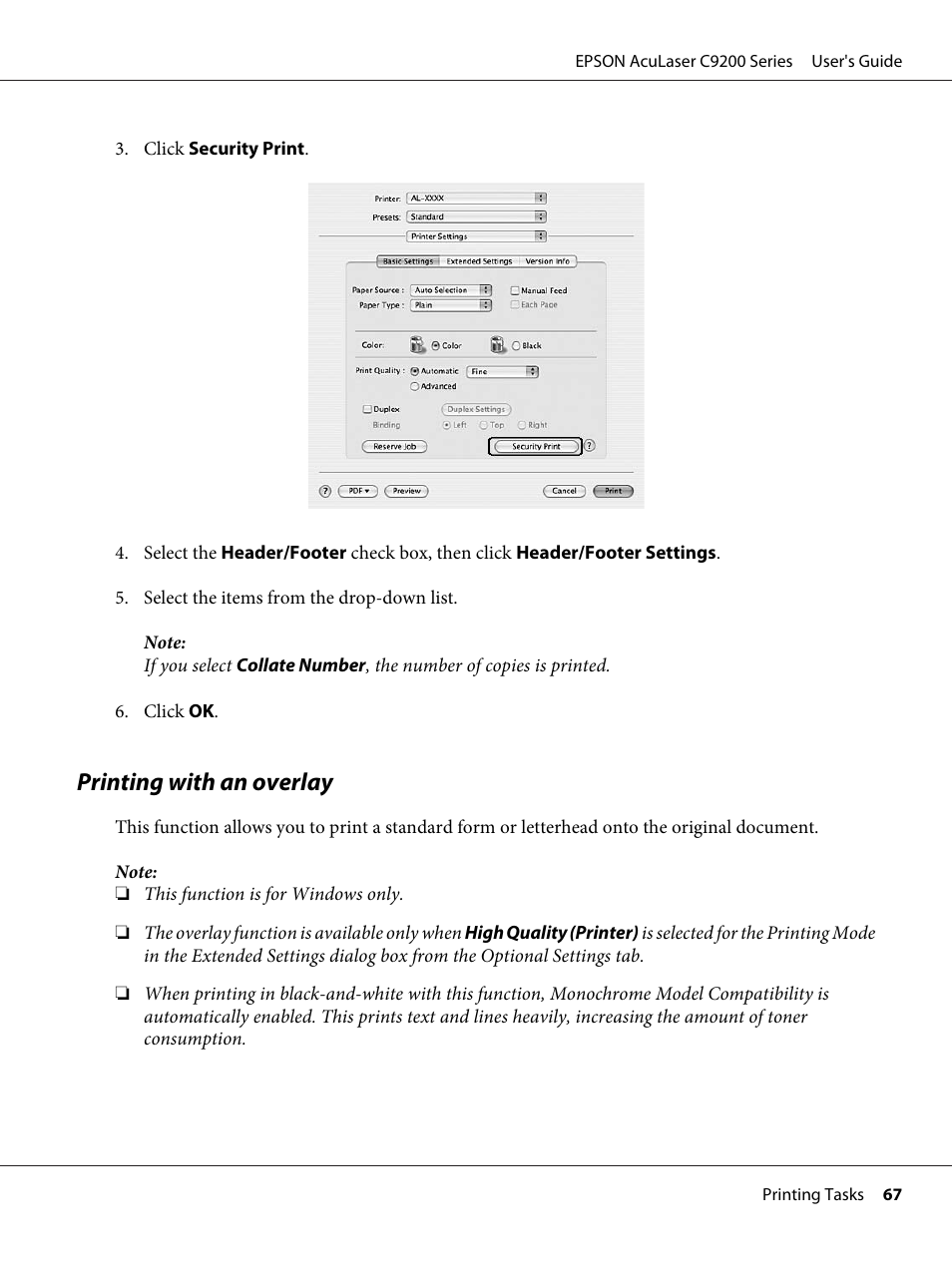 Printing with an overlay | Epson AcuLaser C9200 Series User Manual | Page 67 / 271