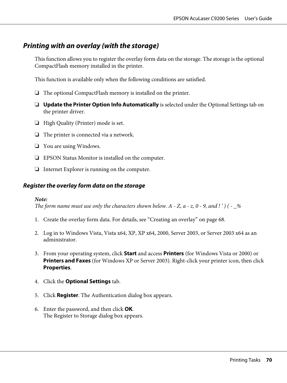 Printing with an overlay (with the storage) | Epson AcuLaser C9200 Series User Manual | Page 70 / 271