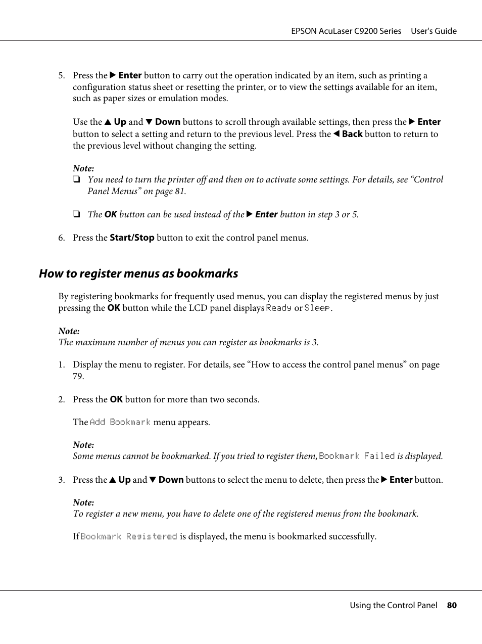 How to register menus as bookmarks | Epson AcuLaser C9200 Series User Manual | Page 80 / 271