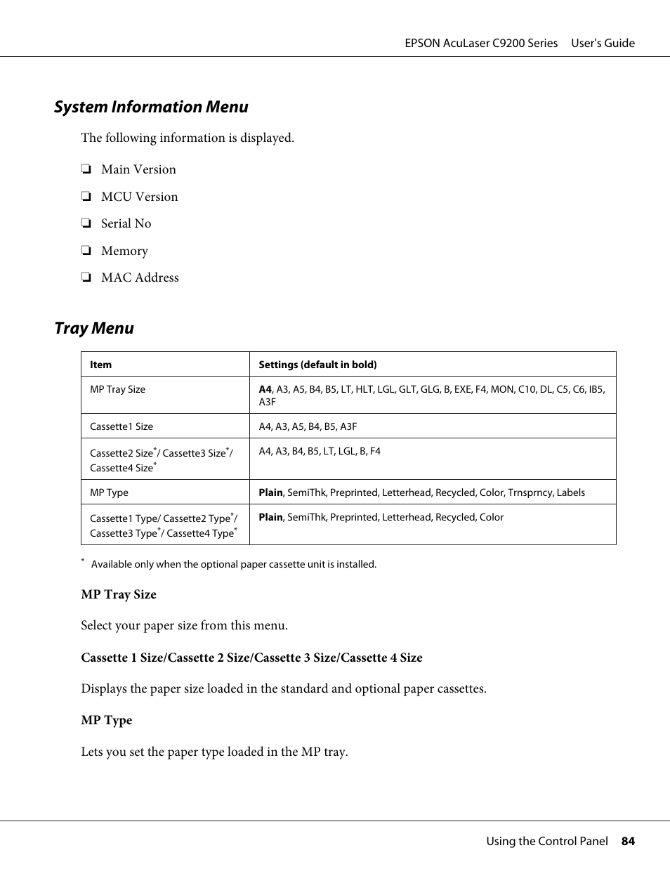 System information menu, Tray menu, System information menu tray menu | Epson AcuLaser C9200 Series User Manual | Page 84 / 271