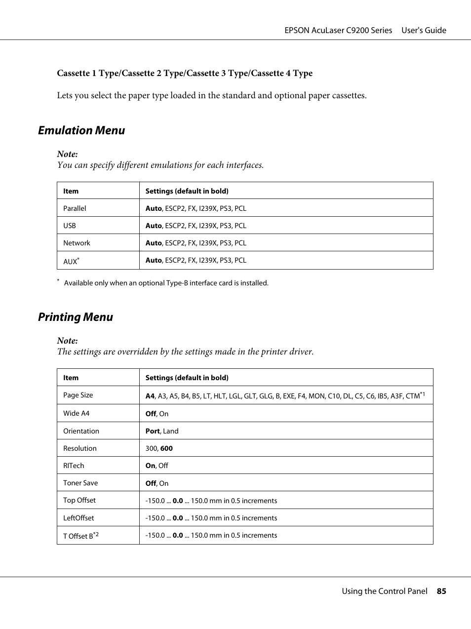 Emulation menu, Printing menu, Emulation menu printing menu | Epson AcuLaser C9200 Series User Manual | Page 85 / 271