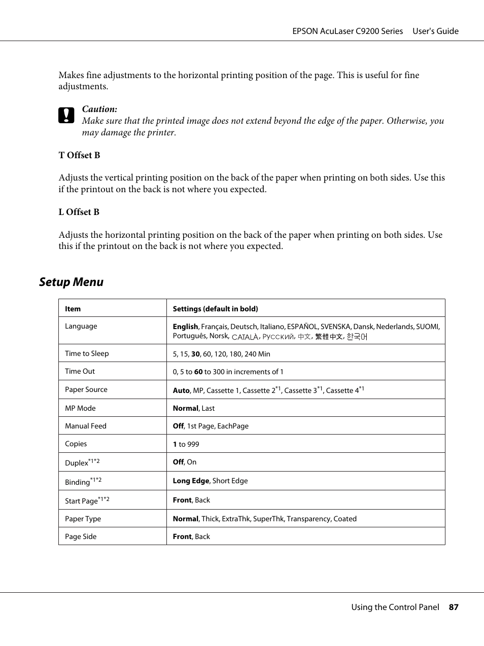 Setup menu | Epson AcuLaser C9200 Series User Manual | Page 87 / 271