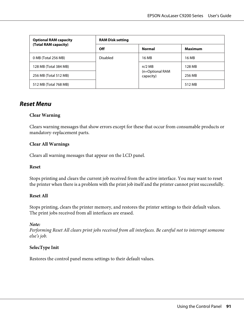 Reset menu | Epson AcuLaser C9200 Series User Manual | Page 91 / 271