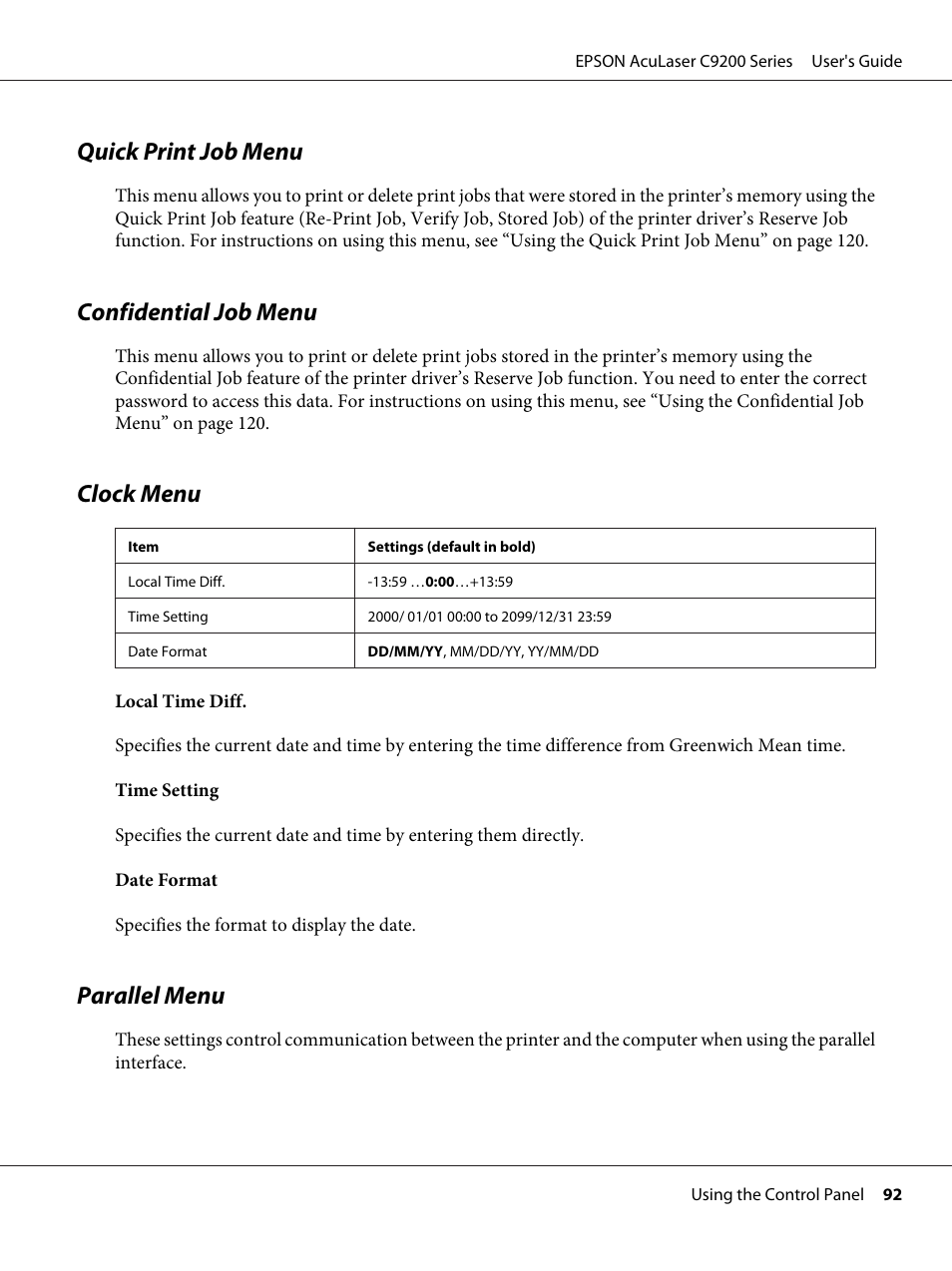 Quick print job menu, Confidential job menu, Clock menu | Parallel menu | Epson AcuLaser C9200 Series User Manual | Page 92 / 271
