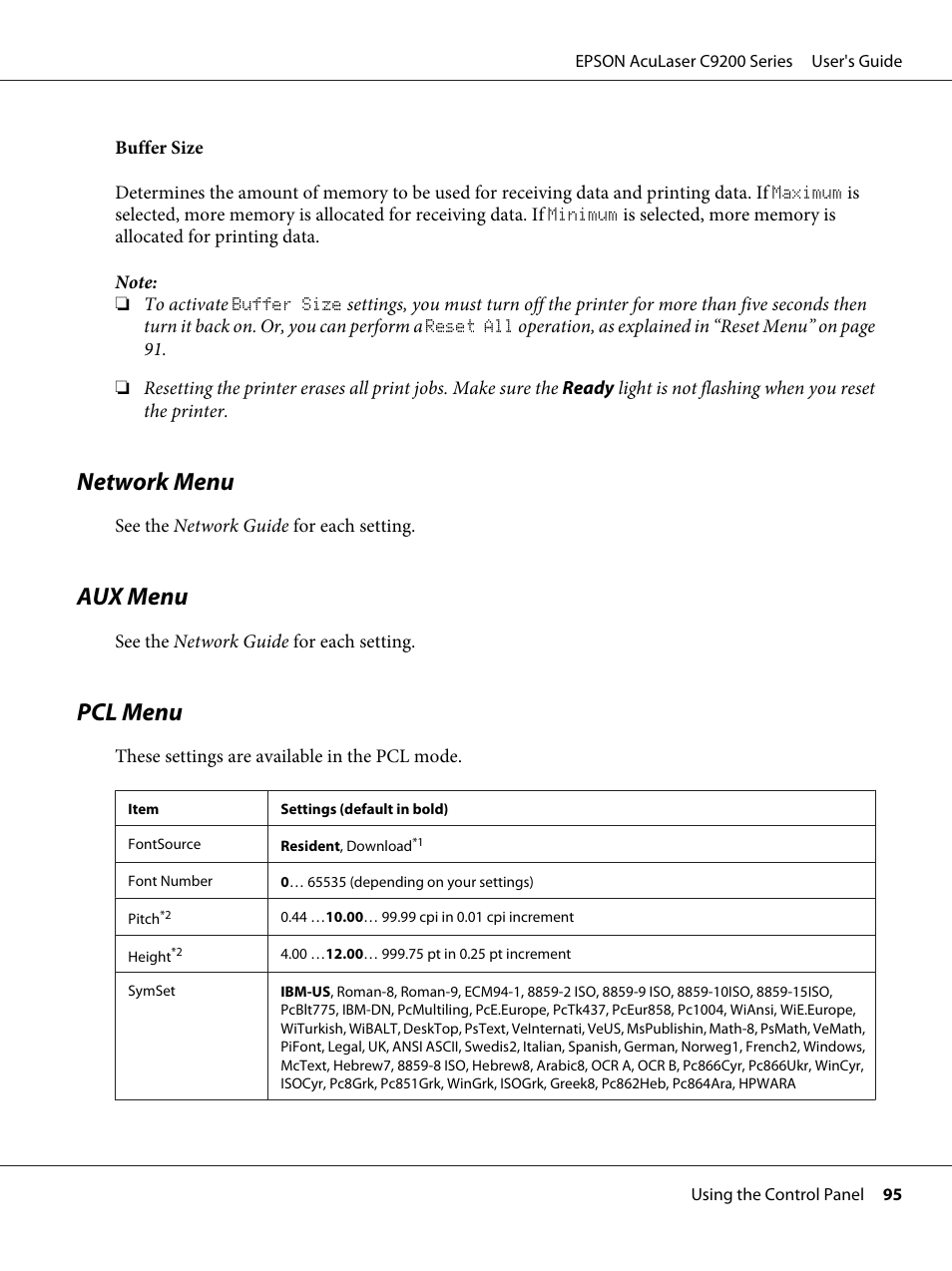 Network menu, Aux menu, Pcl menu | Network menu aux menu pcl menu | Epson AcuLaser C9200 Series User Manual | Page 95 / 271