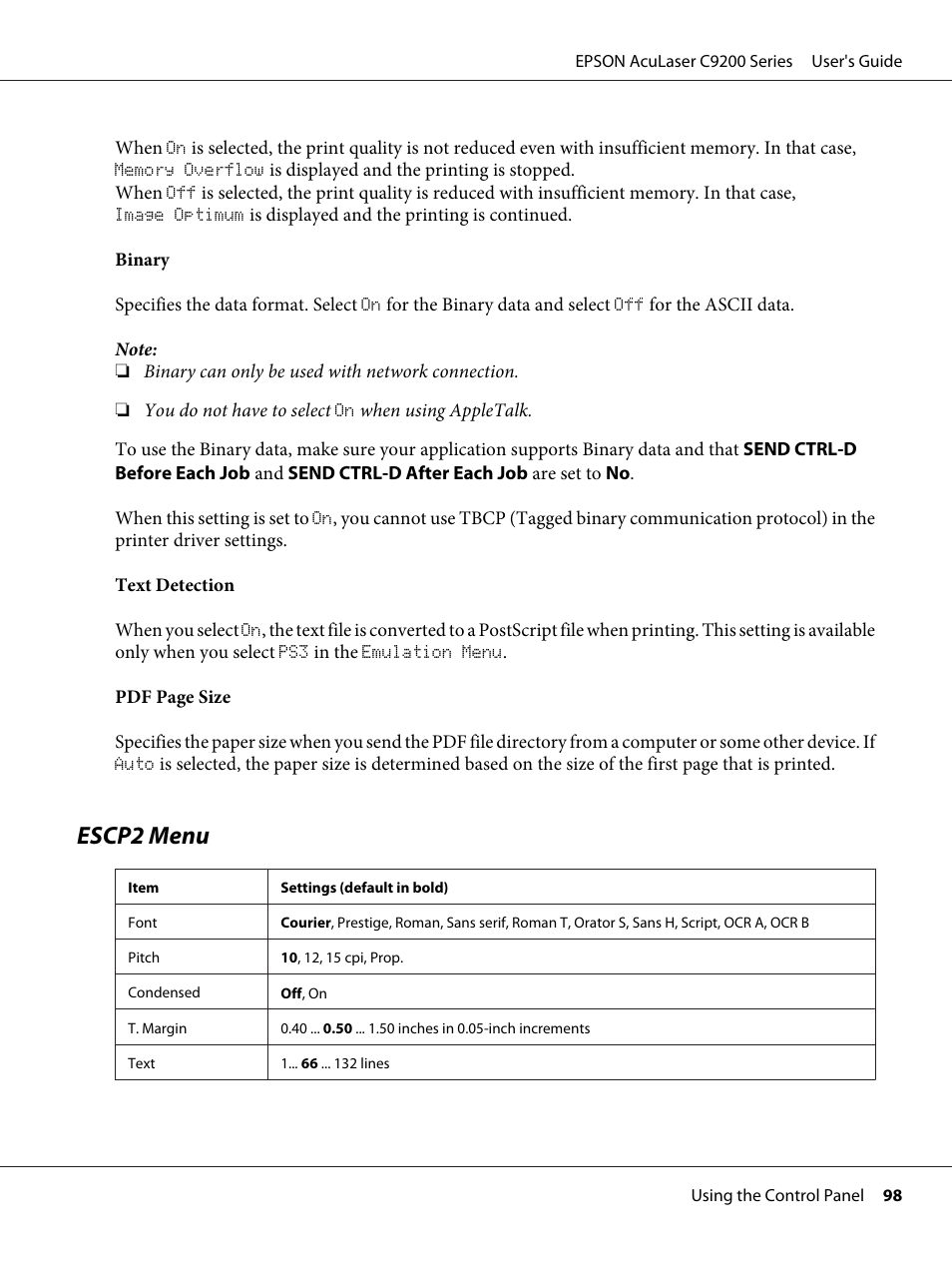 Escp2 menu | Epson AcuLaser C9200 Series User Manual | Page 98 / 271