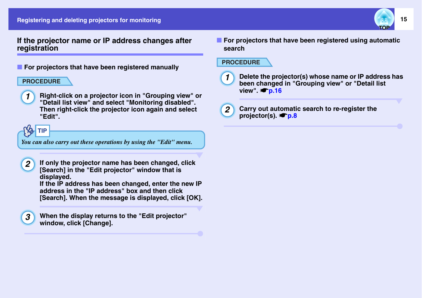 For projectors that have been registered manually, If the projector name or ip address changes, After registration | For projectors that have been registered using, Automatic search | Epson V4.21 User Manual | Page 16 / 35