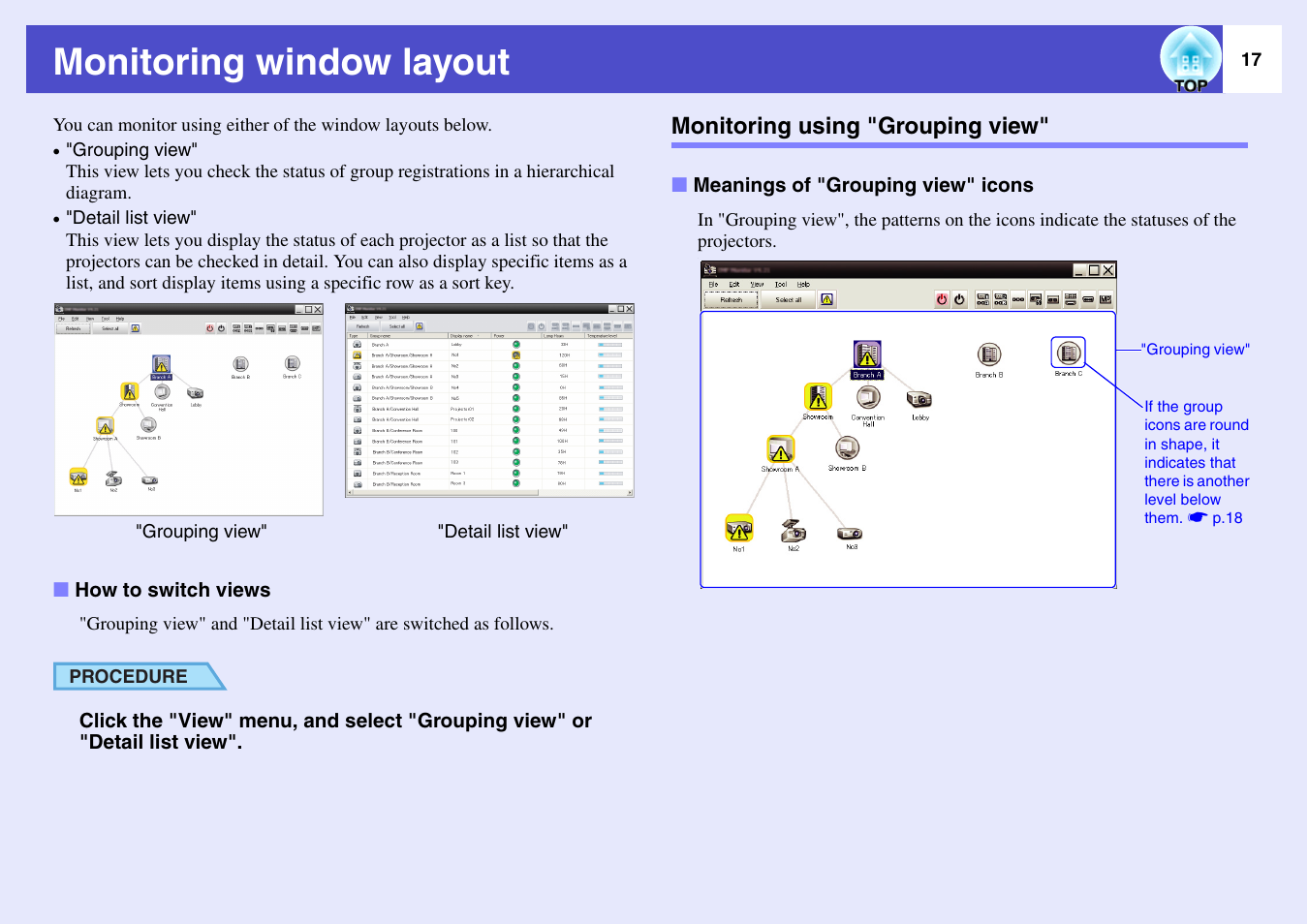 Monitoring window layout, How to switch views, Monitoring using "grouping view | Meanings of "grouping view" icons, P.17 | Epson V4.21 User Manual | Page 18 / 35