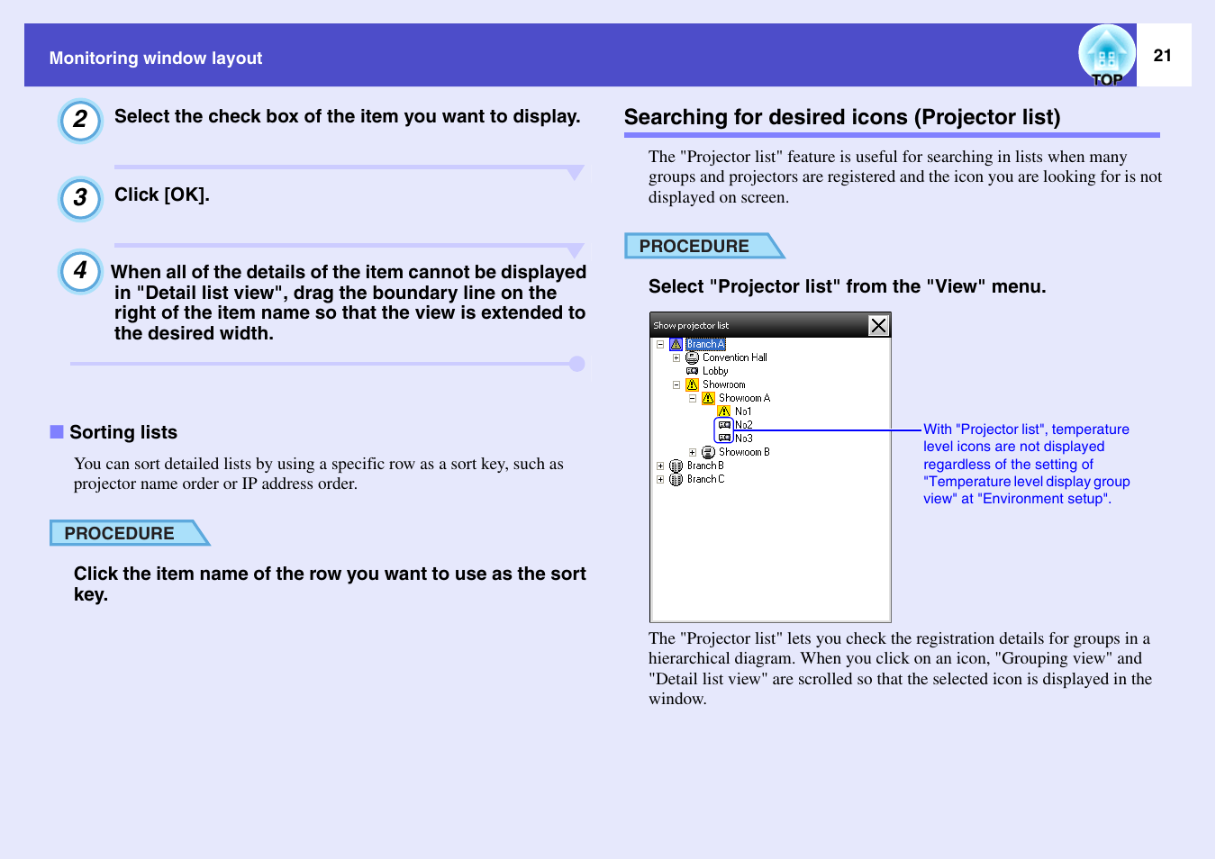 Sorting lists, Searching for desired icons (projector list) | Epson V4.21 User Manual | Page 22 / 35