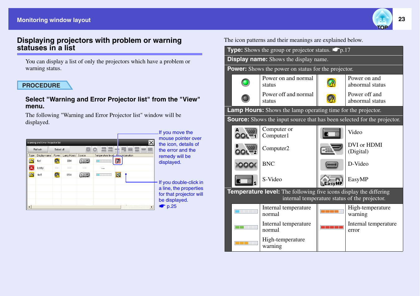 Displaying projectors with problem or warning, Statuses in a list, P.23 | Epson V4.21 User Manual | Page 24 / 35