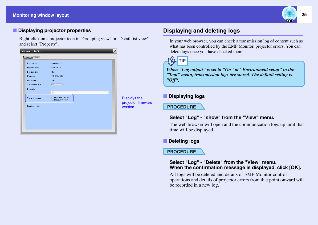 Displaying projector properties, Displaying and deleting logs, Displaying logs | Deleting logs | Epson V4.21 User Manual | Page 26 / 35