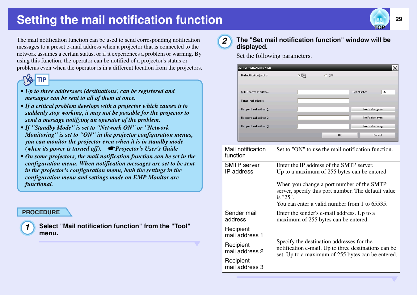 Setting the mail notification function | Epson V4.21 User Manual | Page 30 / 35