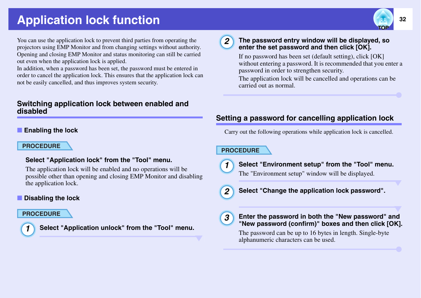 Application lock function, Enabling the lock, Disabling the lock | Setting a password for cancelling application lock, Switching application lock between enabled, And disabled | Epson V4.21 User Manual | Page 33 / 35