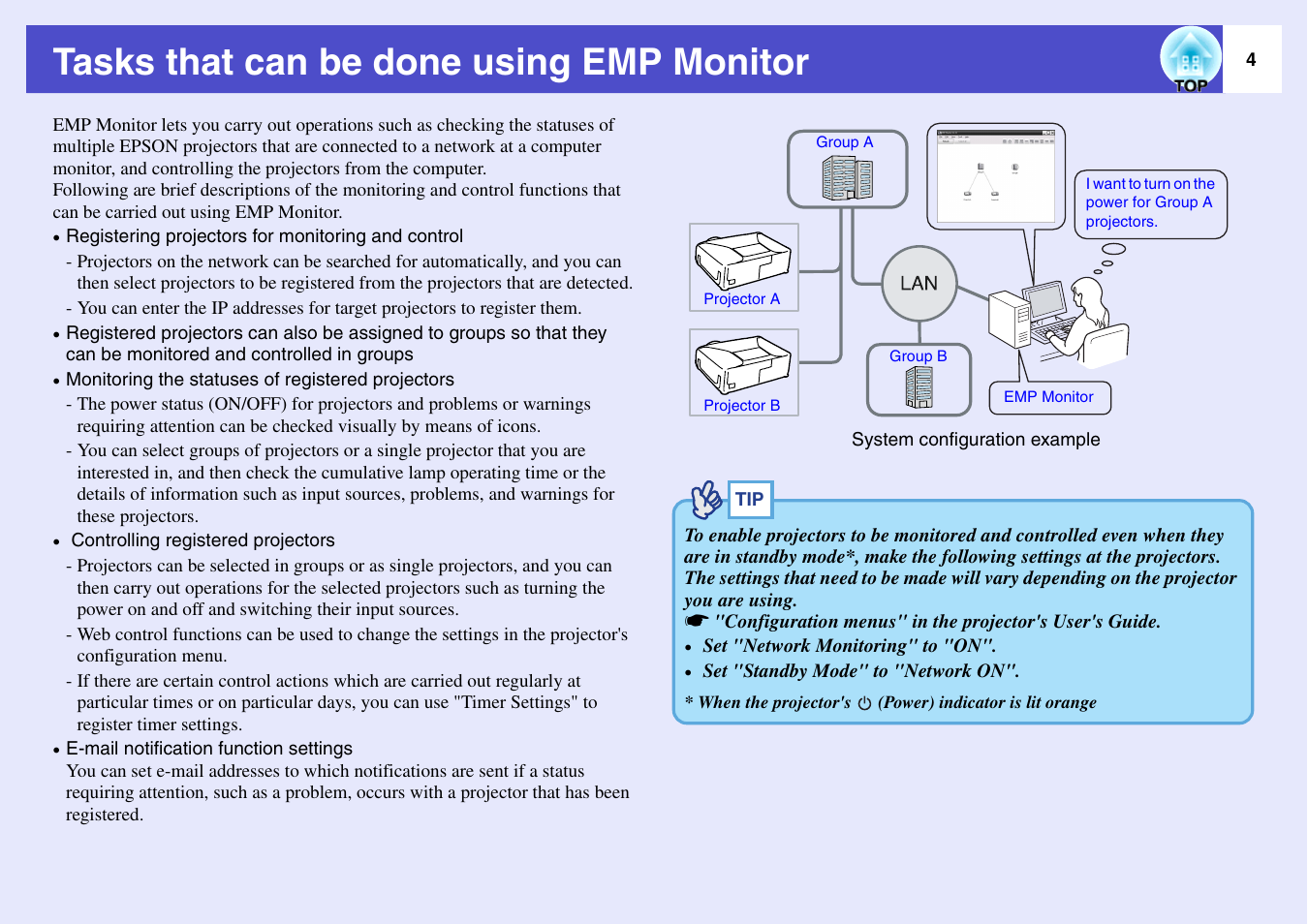 Tasks that can be done using emp monitor | Epson V4.21 User Manual | Page 5 / 35