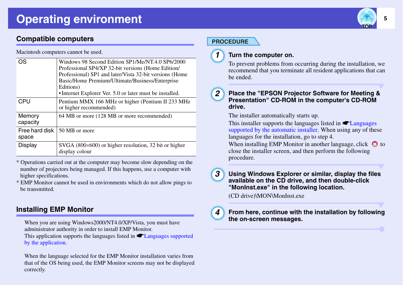 Operating environment, Compatible computers, Installing emp monitor | Epson V4.21 User Manual | Page 6 / 35