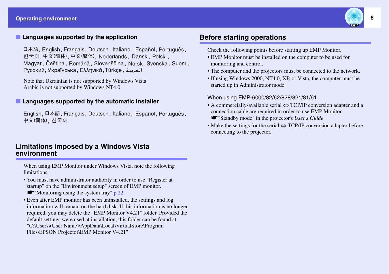 Languages supported by the application, Languages supported by the automatic installer, Limitations imposed by a windows vista environment | Before starting operations, The languages listed in s, Languages supported, By the application, Languages, Supported by the automatic installer | Epson V4.21 User Manual | Page 7 / 35