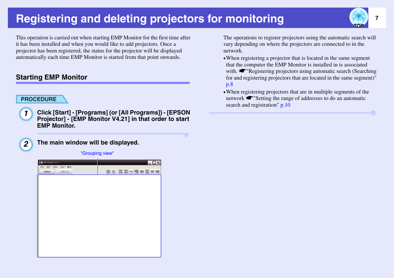 Registering and deleting projectors for monitoring, Starting emp monitor | Epson V4.21 User Manual | Page 8 / 35