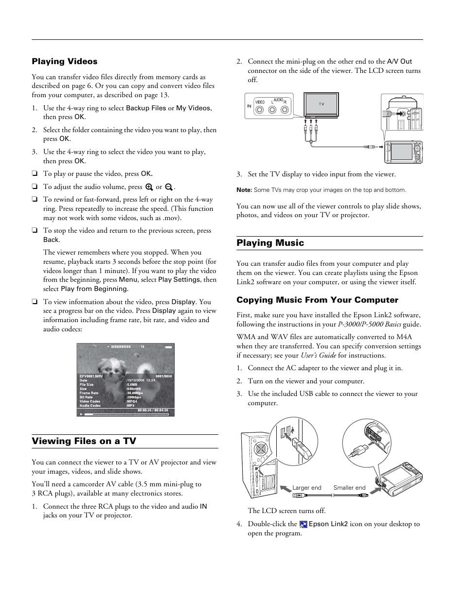 Playing videos, Viewing files on a tv, Playing music | Copying music from your computer | Epson P-3000 User Manual | Page 10 / 14