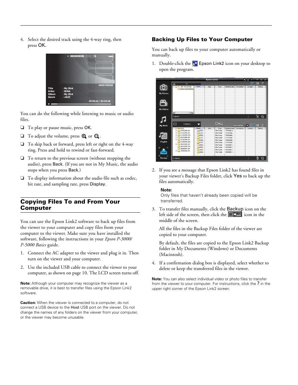 Copying files to and from your computer, Backing up files to your computer | Epson P-3000 User Manual | Page 12 / 14